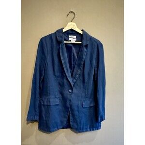 H Halston 100% Linen Blue Blazer Size S Jacket Preppy Country Club Fall Work EUC